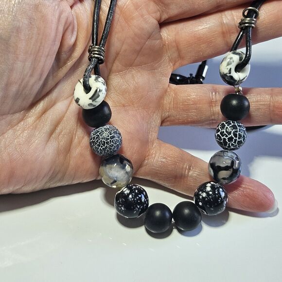 Black And White Themed Semiprecious Beaded Necklace Cord Chain 19-22" - Picture 1 of 15